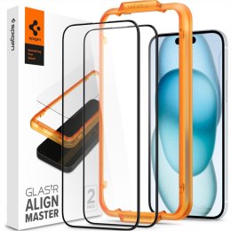 Spigen 2x Szkło hartowane do Apple iPhone 15 / 16 na ekran Spigen Alm Glass FC 2-Pack 9H + zestaw aplikacyjny Black