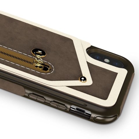 Zizo Nebula Wallet Case - Skórzane etui iPhone X z kieszeniami na karty + saszetka na zamek + szkło 9H na ekran (Dark Brown/Brow Zizo Nebula Wallet Case - Skórzane etui iPhone X z kieszeniami na karty + saszetka na zamek + szkło 9H na ekran (Dark Brown/Brow