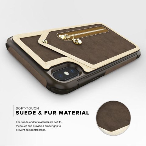 Zizo Nebula Wallet Case - Skórzane etui iPhone X z kieszeniami na karty + saszetka na zamek + szkło 9H na ekran (Dark Brown/Brow Zizo Nebula Wallet Case - Skórzane etui iPhone X z kieszeniami na karty + saszetka na zamek + szkło 9H na ekran (Dark Brown/Brow