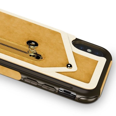 Zizo Nebula Wallet Case - Skórzane etui iPhone X z kieszeniami na karty + saszetka na zamek + szkło 9H na ekran (Light Brown/Bro Zizo Nebula Wallet Case - Skórzane etui iPhone X z kieszeniami na karty + saszetka na zamek + szkło 9H na ekran (Light Brown/Bro