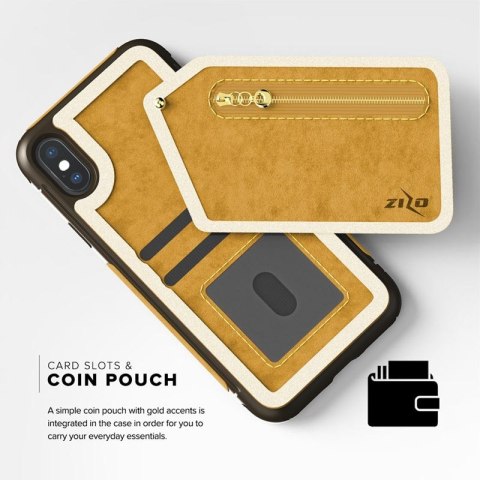 Zizo Nebula Wallet Case - Skórzane etui iPhone X z kieszeniami na karty + saszetka na zamek + szkło 9H na ekran (Light Brown/Bro Zizo Nebula Wallet Case - Skórzane etui iPhone X z kieszeniami na karty + saszetka na zamek + szkło 9H na ekran (Light Brown/Bro