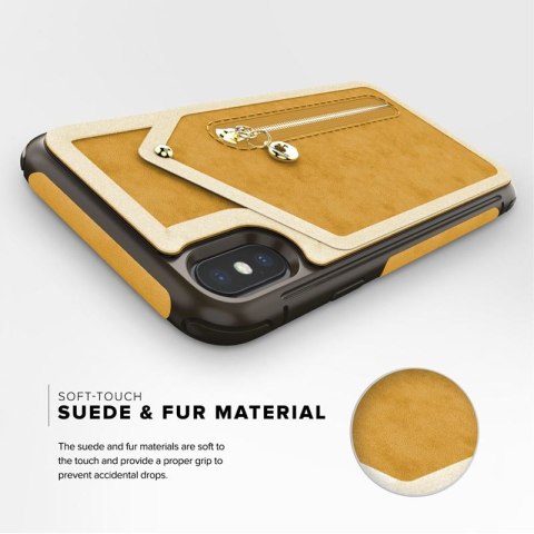 Zizo Nebula Wallet Case - Skórzane etui iPhone X z kieszeniami na karty + saszetka na zamek + szkło 9H na ekran (Light Brown/Bro Zizo Nebula Wallet Case - Skórzane etui iPhone X z kieszeniami na karty + saszetka na zamek + szkło 9H na ekran (Light Brown/Bro