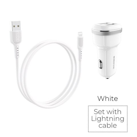 Borofone - ładowarka samochodowa 2x USB kabel Lightning w zestawie, biały Borofone - ładowarka samochodowa 2x USB kabel Lightning w zestawie, biały