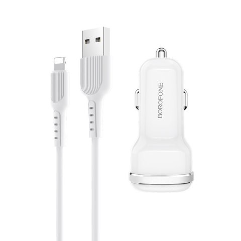 Borofone - ładowarka samochodowa 2x USB kabel Lightning w zestawie, biały Borofone - ładowarka samochodowa 2x USB kabel Lightning w zestawie, biały