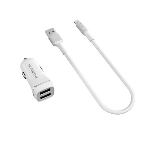 Borofone - ładowarka samochodowa 2x USB kabel Lightning w zestawie, biały Borofone - ładowarka samochodowa 2x USB kabel Lightning w zestawie, biały