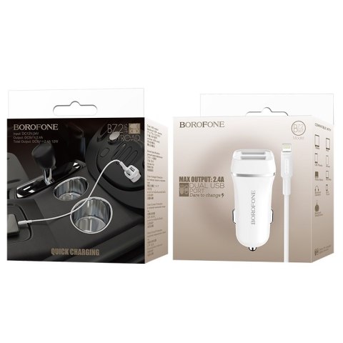 Borofone - ładowarka samochodowa 2x USB kabel Lightning w zestawie, biały Borofone - ładowarka samochodowa 2x USB kabel Lightning w zestawie, biały