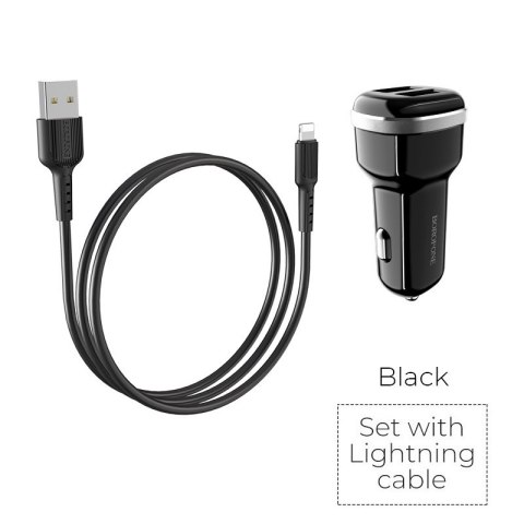 Borofone - ładowarka samochodowa 2x USB kabel Lightning w zestawie, czarny Borofone - ładowarka samochodowa 2x USB kabel Lightning w zestawie, czarny