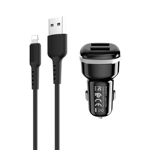 Borofone - ładowarka samochodowa 2x USB kabel Lightning w zestawie, czarny Borofone - ładowarka samochodowa 2x USB kabel Lightning w zestawie, czarny