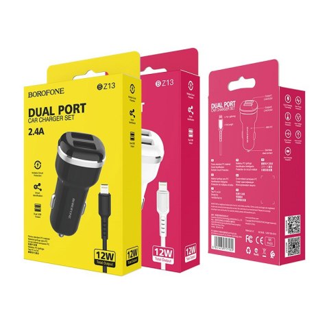 Borofone - ładowarka samochodowa 2x USB kabel Lightning w zestawie, czarny Borofone - ładowarka samochodowa 2x USB kabel Lightning w zestawie, czarny