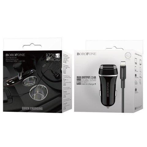 Borofone - ładowarka samochodowa 2x USB kabel Lightning w zestawie, czarny Borofone - ładowarka samochodowa 2x USB kabel Lightning w zestawie, czarny