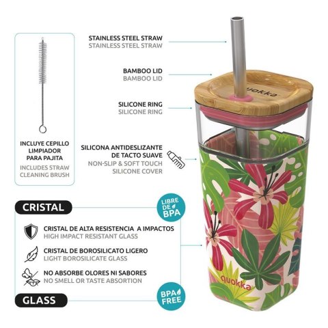 Quokka Liquid Cube - Kubek szklany 540 ml ze słomką ze stali nierdzewnej (Pink Jungle) Quokka Liquid Cube - Kubek szklany 540 ml ze słomką ze stali nierdzewnej (Pink Jungle)