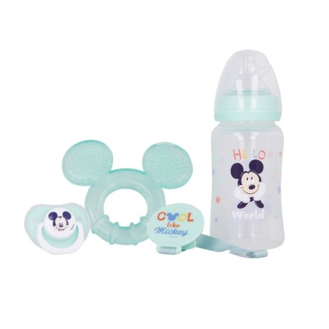 Mickey Mouse - Zestaw dla niemowlaka (butelka za smoczkiem 240ml, smoczek anatomiczny, gryzak, uchwyt na gryzak) (Cool) Mickey Mouse - Zestaw dla niemowlaka (butelka za smoczkiem 240ml, smoczek anatomiczny, gryzak, uchwyt na gryzak) (Cool)