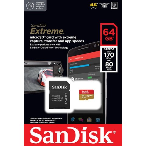 SanDisk Extreme microSDXC - Karta pamięci 64 GB A2 V30 UHS-I U3 170/80 MB/s z adapterem SanDisk Extreme microSDXC - Karta pamięci 64 GB A2 V30 UHS-I U3 170/80 MB/s z adapterem