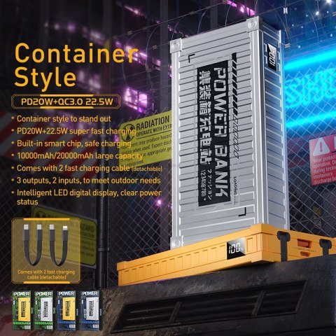 WEKOME WP-339 Container Series - Power bank 10000 mAh Super Charging z wbudowanym kablem USB-C & Lightning PD 20W + QC 22.5W (Sr WEKOME WP-339 Container Series - Power bank 10000 mAh Super Charging z wbudowanym kablem USB-C & Lightning PD 20W + QC 22.5W (Sr