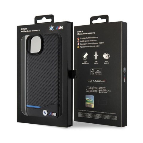 BMW Leather Carbon Blue Line - Etui iPhone 15 Plus (czarny) BMW Leather Carbon Blue Line - Etui iPhone 15 Plus (czarny)
