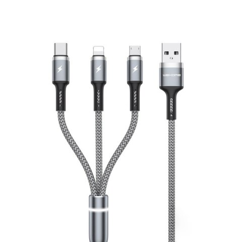 WEKOME WDC-119 Fython Series - Kabel połączeniowy 3w1 USB-A do Lightning + USB-C + Micro USB PD 1.2 m (Srebrny) WEKOME WDC-119 Fython Series - Kabel połączeniowy 3w1 USB-A do Lightning + USB-C + Micro USB PD 1.2 m (Srebrny)