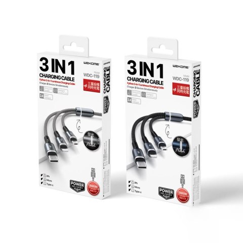 WEKOME WDC-119 Fython Series - Kabel połączeniowy 3w1 USB-A do Lightning + USB-C + Micro USB PD 1.2 m (Srebrny) WEKOME WDC-119 Fython Series - Kabel połączeniowy 3w1 USB-A do Lightning + USB-C + Micro USB PD 1.2 m (Srebrny)