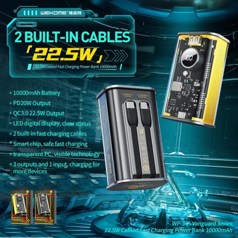 WEKOME WP-345 Vanguard Series - Power bank 10000 mAh Fast Charging z wbudowanym kablem USB-C & Lightning PD 20W + QC 22.5W (Żółt WEKOME WP-345 Vanguard Series - Power bank 10000 mAh Fast Charging z wbudowanym kablem USB-C & Lightning PD 20W + QC 22.5W (Żółt