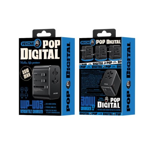 WEKOME WP-U03 Pop Digital Series - Ładowarka / Adapter podróżny EU / UK / US / AU + 3x USB-C & 2x USB-A 30W (Czarny) WEKOME WP-U03 Pop Digital Series - Ładowarka / Adapter podróżny EU / UK / US / AU + 3x USB-C & 2x USB-A 30W (Czarny)
