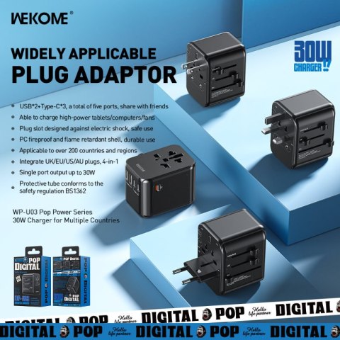 WEKOME WP-U03 Pop Digital Series - Ładowarka / Adapter podróżny EU / UK / US / AU + 3x USB-C & 2x USB-A 30W (Czarny) WEKOME WP-U03 Pop Digital Series - Ładowarka / Adapter podróżny EU / UK / US / AU + 3x USB-C & 2x USB-A 30W (Czarny)
