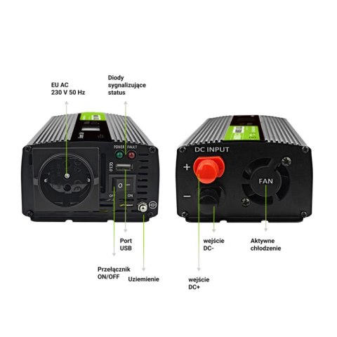 Green Cell - Przetwornica napięcia PowerInverter z wyświetlaczem LCD 12V na 230V 500W/1000W Czysta sinusoida Green Cell - Przetwornica napięcia PowerInverter z wyświetlaczem LCD 12V na 230V 500W/1000W Czysta sinusoida