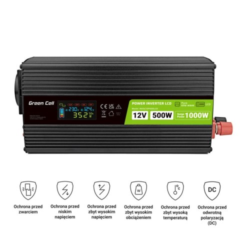Green Cell - Przetwornica napięcia PowerInverter z wyświetlaczem LCD 12V na 230V 500W/1000W Czysta sinusoida Green Cell - Przetwornica napięcia PowerInverter z wyświetlaczem LCD 12V na 230V 500W/1000W Czysta sinusoida