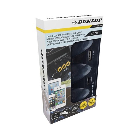 Dunlop - Ładowarka samochodowa USB-A + USB-C 20W PD / 3x rozdzielacz gniazda zapalniczki 12/24V (czarny) Dunlop - Ładowarka samochodowa USB-A + USB-C 20W PD / 3x rozdzielacz gniazda zapalniczki 12/24V (czarny)