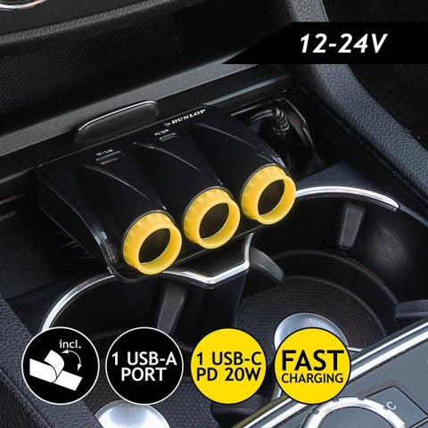 Dunlop - Ładowarka samochodowa USB-A + USB-C 20W PD / 3x rozdzielacz gniazda zapalniczki 12/24V (czarny) Dunlop - Ładowarka samochodowa USB-A + USB-C 20W PD / 3x rozdzielacz gniazda zapalniczki 12/24V (czarny)