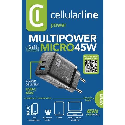 Cellularline Multipower Micro GaN - Ładowarka sieciowa USB-C & USB-A Power Delivery 45W (czarny) Cellularline Multipower Micro GaN - Ładowarka sieciowa USB-C & USB-A Power Delivery 45W (czarny)