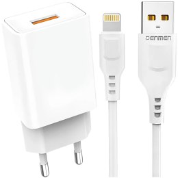 Denmen Ładowarka sieciowa USB + kabel USB - Lightning do iPhone 1m szybka 2.4A 12W Denmen Biała