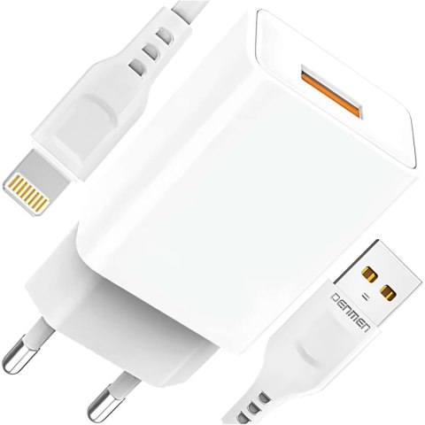 Denmen Ładowarka sieciowa USB + kabel USB - Lightning do iPhone 1m szybka 2.4A 12W Denmen Biała Denmen Ładowarka sieciowa USB + kabel USB - Lightning do iPhone 1m szybka 2.4A 12W Denmen Biała