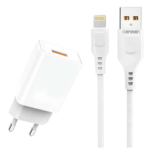 Denmen Ładowarka sieciowa USB + kabel USB - Lightning do iPhone 1m szybka 2.4A 12W Denmen Biała Denmen Ładowarka sieciowa USB + kabel USB - Lightning do iPhone 1m szybka 2.4A 12W Denmen Biała