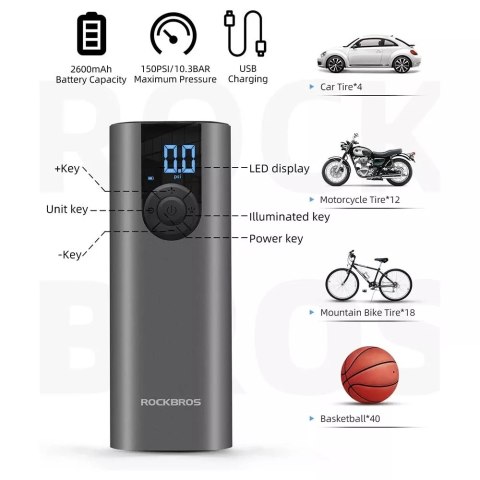RockBros Elektryczna pompka rowerowa Rockbros 42720001001 z wyświetlaczem LED + kabel USB-C - USB-A - czarna RockBros Elektryczna pompka rowerowa Rockbros 42720001001 z wyświetlaczem LED + kabel USB-C - USB-A - czarna