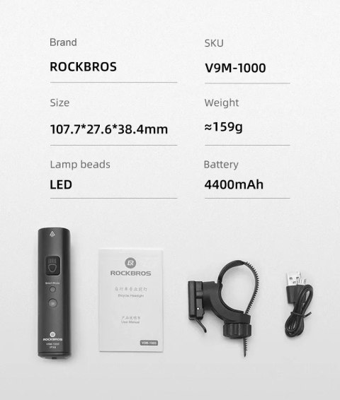 RockBros Lampka rowerowa Rockbros V9M-1000 przednia 1000lm - czarna RockBros Lampka rowerowa Rockbros V9M-1000 przednia 1000lm - czarna