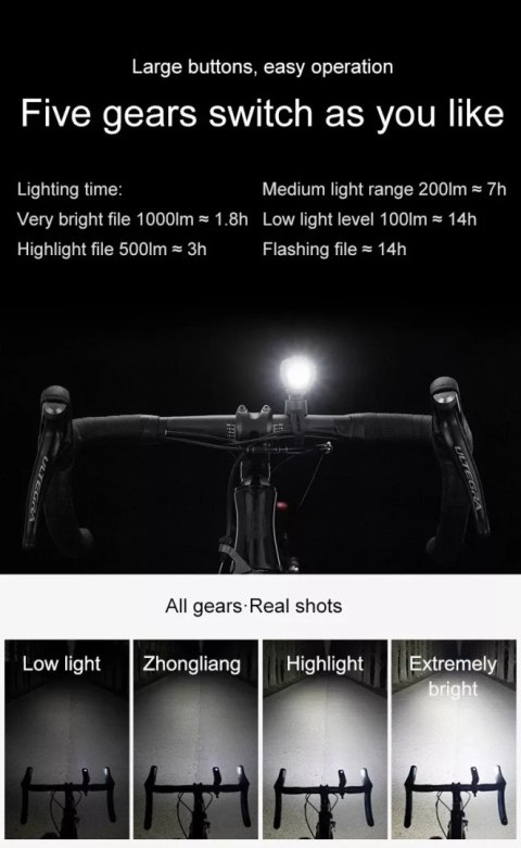 RockBros Lampka rowerowa Rockbros V9M-1000 przednia 1000lm - czarna RockBros Lampka rowerowa Rockbros V9M-1000 przednia 1000lm - czarna