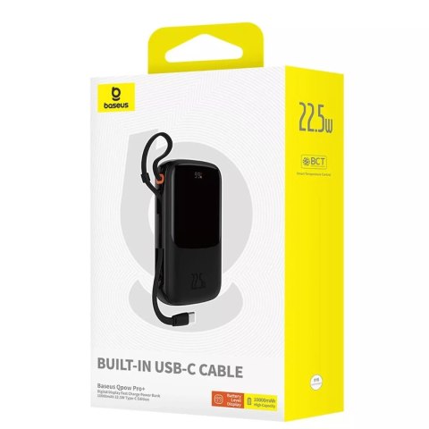 Baseus Powerbank Baseus Qpow Pro+ 10000mAh 22.5W z wbudowanym kablem USB-C i wyświetlaczem - czarny Baseus Powerbank Baseus Qpow Pro+ 10000mAh 22.5W z wbudowanym kablem USB-C i wyświetlaczem - czarny
