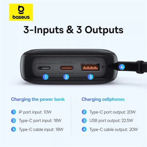 Baseus Powerbank Baseus Qpow Pro+ 10000mAh 22.5W z wbudowanym kablem USB-C i wyświetlaczem - czarny Baseus Powerbank Baseus Qpow Pro+ 10000mAh 22.5W z wbudowanym kablem USB-C i wyświetlaczem - czarny