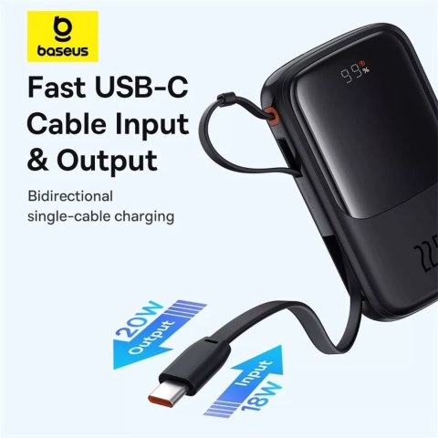 Baseus Powerbank Baseus Qpow Pro+ 10000mAh 22.5W z wbudowanym kablem USB-C i wyświetlaczem - czarny Baseus Powerbank Baseus Qpow Pro+ 10000mAh 22.5W z wbudowanym kablem USB-C i wyświetlaczem - czarny
