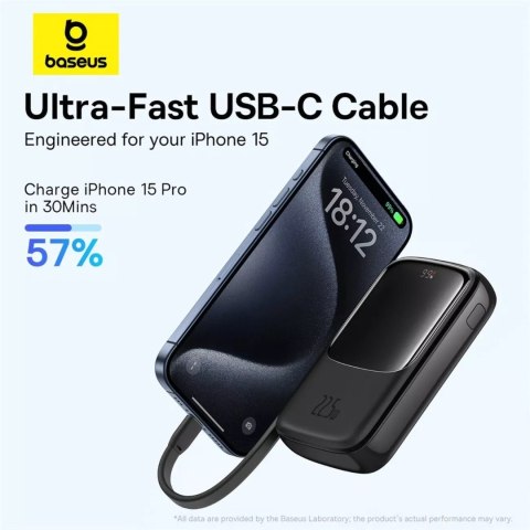 Baseus Powerbank Baseus Qpow Pro+ 10000mAh 22.5W z wbudowanym kablem USB-C i wyświetlaczem - czarny Baseus Powerbank Baseus Qpow Pro+ 10000mAh 22.5W z wbudowanym kablem USB-C i wyświetlaczem - czarny