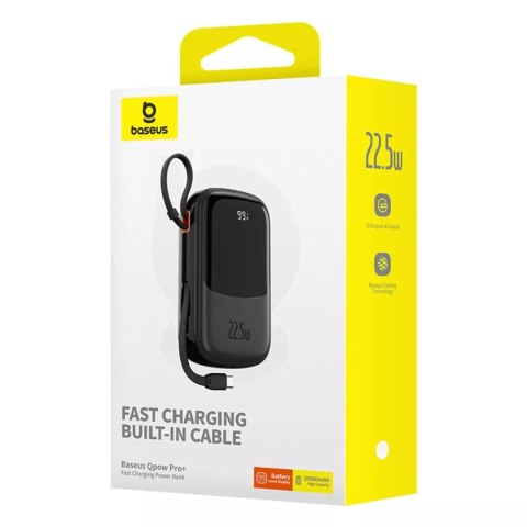 Baseus Powerbank Baseus Qpow Pro+ 20000mAh 22.5W z wbudowanym kablem USB-C i wyświetlaczem - czarny Baseus Powerbank Baseus Qpow Pro+ 20000mAh 22.5W z wbudowanym kablem USB-C i wyświetlaczem - czarny
