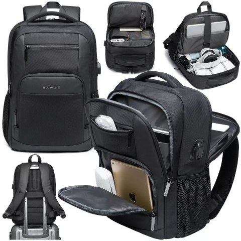 Bange Plecak wodoodporny Bange na laptopa 15.6" miejski podróżny 45x30x16 cm do pracy samolotu męski damski z portem USB Czarny Bange Plecak wodoodporny Bange na laptopa 15.6" miejski podróżny 45x30x16 cm do pracy samolotu męski damski z portem USB Czarny