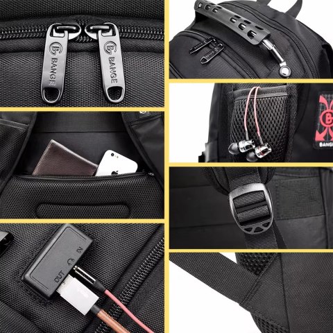 Bange Plecak wodoodporny Bange torba na laptopa 15" miejski podróżny 48x35x23 cm do pracy szkoły samolotu męski damski USB Czarny Bange Plecak wodoodporny Bange torba na laptopa 15" miejski podróżny 48x35x23 cm do pracy szkoły samolotu męski damski USB Czarny