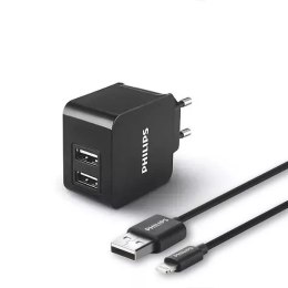 Philips Ładowarka sieciowa 3A 15,5W Philips + Kabel iPhone 3100mA 2XUSB Dual Quick Charge Phil-DLP2307V/12 Czarny