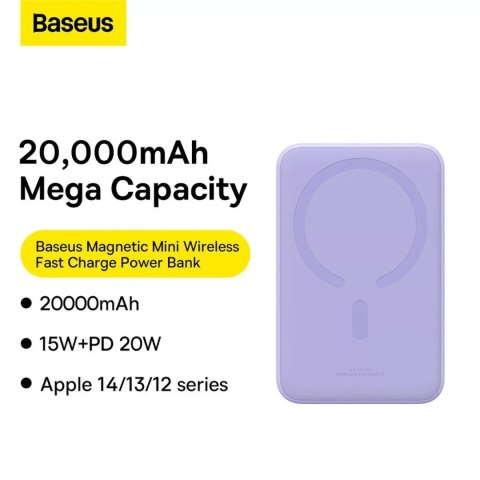 Baseus Powerbank Baseus Magnetic Mini 20000 mAh 20W - fioletowy + kabel USB-C / USB-C Baseus Powerbank Baseus Magnetic Mini 20000 mAh 20W - fioletowy + kabel USB-C / USB-C