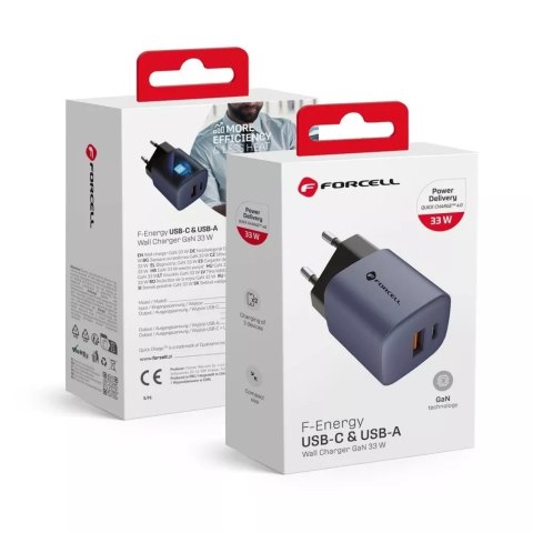 Forcell Ładowarka sieciowa FORCELL F-ENERGY GaN Typ C + USB A PD QC4.0 3A 33W Szara Forcell Ładowarka sieciowa FORCELL F-ENERGY GaN Typ C + USB A PD QC4.0 3A 33W Szara