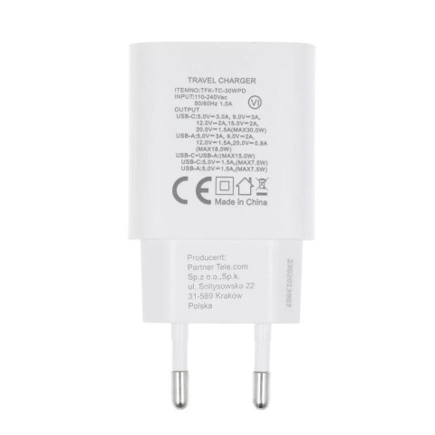 Forcell Ładowarka sieciowa FORCELL F-ENERGY Typ C + USB A PD QC4.0 3A 30W Biała Forcell Ładowarka sieciowa FORCELL F-ENERGY Typ C + USB A PD QC4.0 3A 30W Biała
