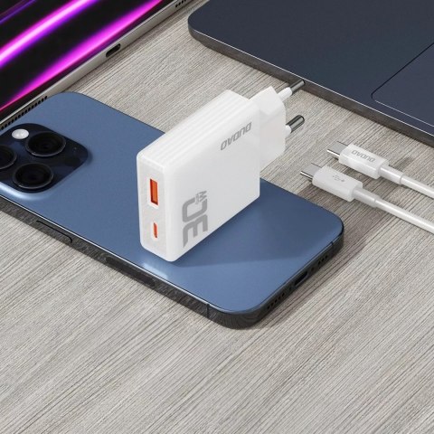 Joyroom Ładowarka sieciowa GaN Dudao A30EUT 30W USB-A / USB-C + kabel USB-C - USB-C - Biała Joyroom Ładowarka sieciowa GaN Dudao A30EUT 30W USB-A / USB-C + kabel USB-C - USB-C - Biała