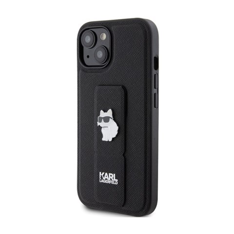 Karl Lagerfeld Gripstand Saffiano Choupette Pins - Etui iPhone 15 Plus (czarny) Karl Lagerfeld Gripstand Saffiano Choupette Pins - Etui iPhone 15 Plus (czarny)