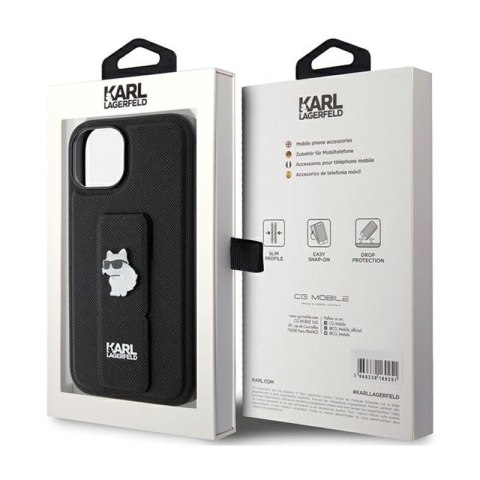 Karl Lagerfeld Gripstand Saffiano Choupette Pins - Etui iPhone 15 Plus (czarny) Karl Lagerfeld Gripstand Saffiano Choupette Pins - Etui iPhone 15 Plus (czarny)