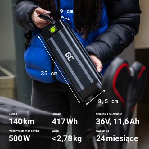 Green Cell - Bateria GC Silverfish do roweru elektrycznego E-Bike z ładowarką 36V 11.6Ah 417Wh Li-Ion XLR 3 PIN Green Cell - Bateria GC Silverfish do roweru elektrycznego E-Bike z ładowarką 36V 11.6Ah 417Wh Li-Ion XLR 3 PIN